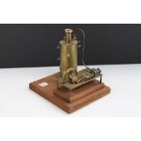 Brass stationary steam engine on wooden base, 10 x 9" approx base size