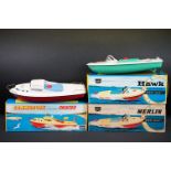 Three boxed Sutcliffe metal boats to include Clockwork Hawk, Clockwork Commodore and Electric