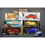 Eight boxed / cased diecast models to include Mattel Hot Wheels Merc Woodie 1950, 1/18 AutoArt
