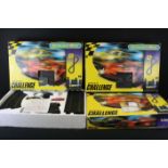 Three boxed Scalextric 2 Speed Challenge sets, all with slot cars, to include TVR, Renault