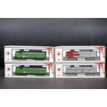 Four boxed Stewart Hobbies HO gauge locomotives to include 9330 BN, 9170 Santa Fe, 9171 Santa Fe and