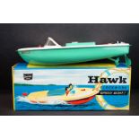 Boxed Sutcliffe Model Hawk clockwork metal speed boat in light green & white, complete with flag &