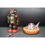 Two Japanese Sci Fi tin plate toys to include NASA Space / Moon vehicle and robot in brown, both