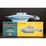 Boxed Sutcliffe Model tinplate Unda Wunda clockwork diving submarine in pale blue, decals & paint