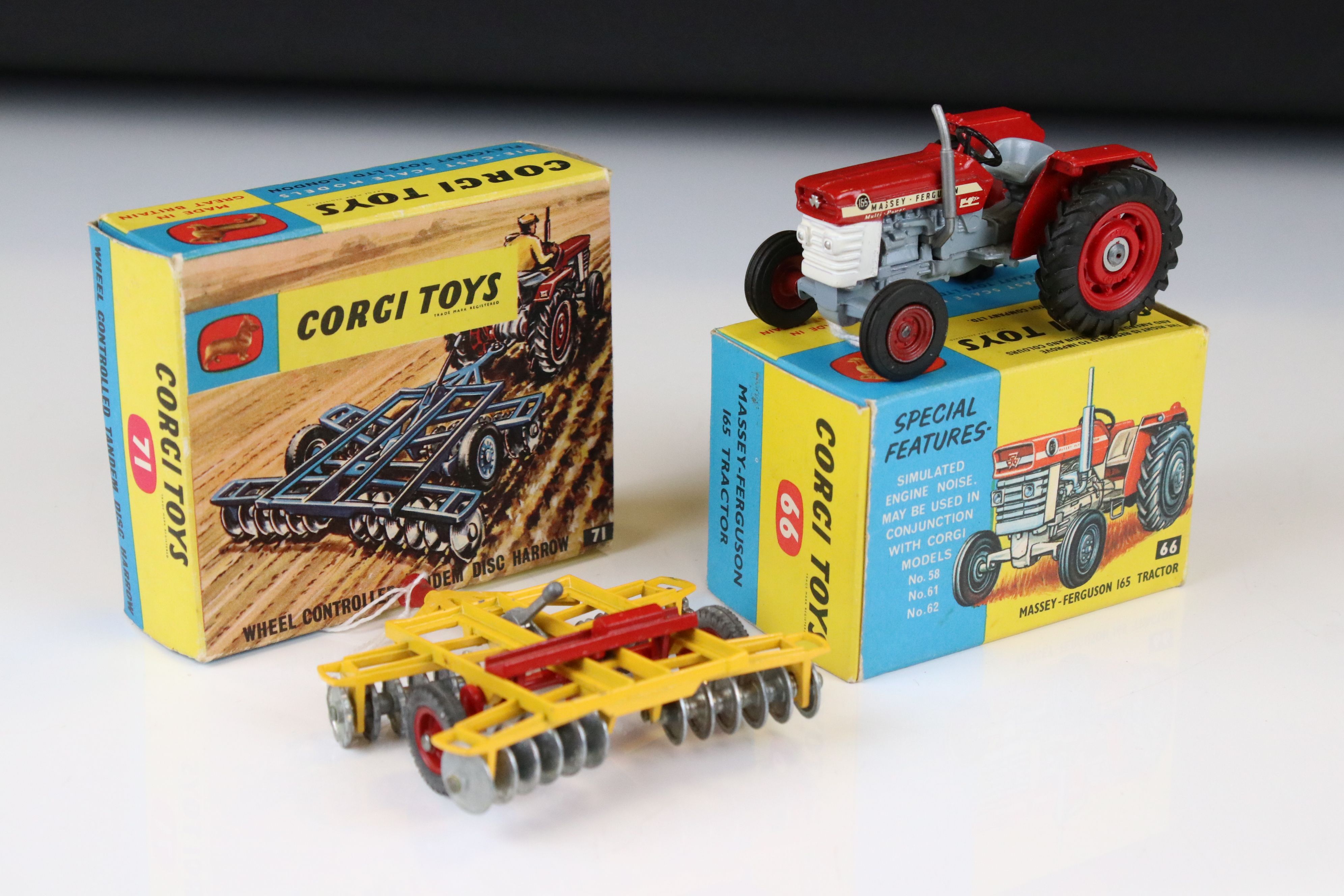 Boxed Corgi 66 Massey Ferguson 165 Tractor in red, decals and diecast vg/ex, box vg, plus a boxed