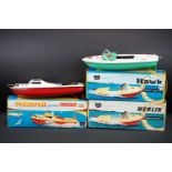 Three boxed Sutcliffe metal boats to include Clockwork Hawk, Clockwork Commodore and Electric