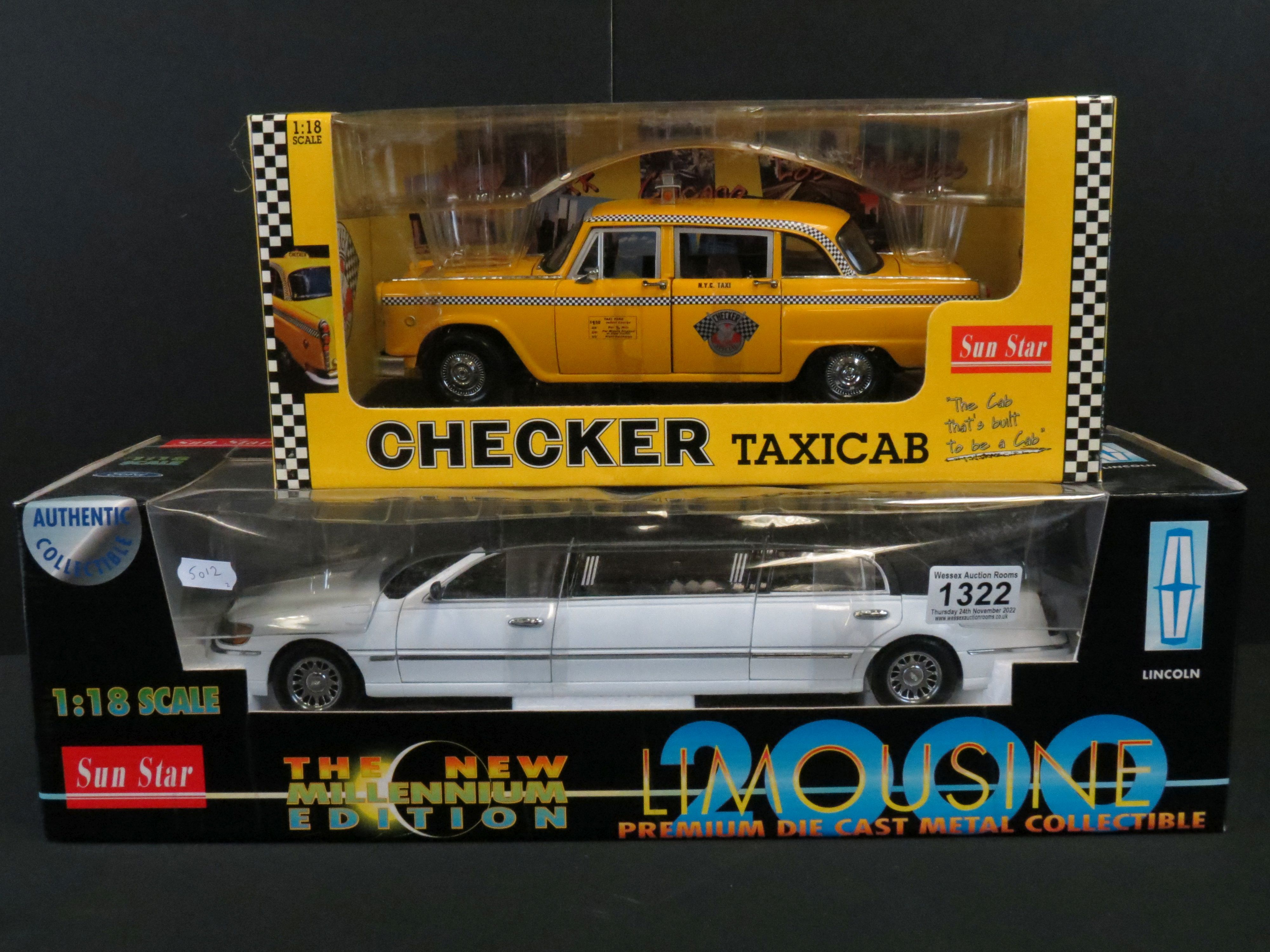 Two boxed Sun Star 1/18 diecast models to include 2501 Checker Taxicab and The New Millennium