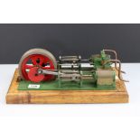 Horizontal Stationary Mill Engine on wooden base, main body colour green, unmarked, possibly Stuart