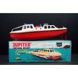 Boxed Sutcliffe Model Clockwork Jupiter Ocean Pilot Cruiser tinplate model in red & white,