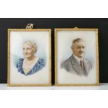 Pair of gilt framed and glazed portrait miniatures depicting a well-dressed lady and gentleman,