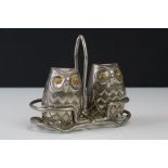 White Metal Cruet Set in the form of Two Owls held within a basket