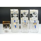 Three Boxed Edinburgh Crystal Cut Glass Square Spirit Decanters, no. 79382 together with Boxed