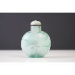 Chinese jade-coloured glass scent bottle of flattened circular form, with lid, 7cm high