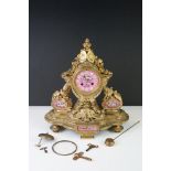 19th century French 8 day Mantle Clock, the gilt metal case cast with doves and foliate swags, the