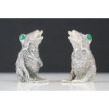 Pair of silver plated frog condiments, with green eyes