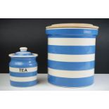 T G Green Cloverleaf Blue and White Cornishware Lidded Tea Jar / Cannister together with a