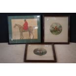 Watercolour of a Huntsman on Horse 35cm x 27cm, framed and glazed together with Pair of Circular