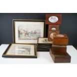 Eight Hunting Prints including Henry Alken together with Six Wooden Boxes with Embroidered Panels to