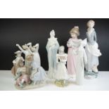 Nine Spanish Figurines including Lladro Figurine 36cm high, Lladro Nun, Two Lladro Yawning Boys,