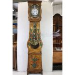 French Painted Comptoise 8 Day Longcase Clock, the embossed brass face with white enamel dial, Roman