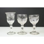 Three 18th century Dram Glasses, the bowls with etched decoration, raised single knops stems and