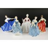 Five Royal Doulton Figurines including Diana (signed in gold to base), Fair Lady (Red), Elaine,