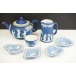 Wedgwood Dark Blue Jasperware Teapot 16cm high together with a similar Jug and Sugar Bowl plus three