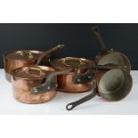 Set of Five French 'Villedieu ' Graduating Copper Saucepans, the three largest pans with lids, all
