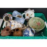 Mixed lot of Ceramics including Tin Glazed Bottle Flask decorated with flowers 19cm high, Pair of
