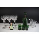 Murano Green Glass Liqueur Set with silver overlay comprising Decanter (25cm high) and Six Glasses
