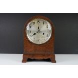 Late 19th century wooden cased German chiming mantel clock with burr walnut inlay and satinwood