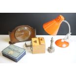 Mixed Lot including Dutch Deve Coffee Grinder, Art Deco Walnut Clock, Gooseneck Lamp, Cornish