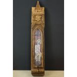 Gothic Carved Oak Wall Plaque, the central panel painted with a scene of Christ with a donkey,