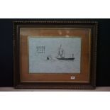 Oriental School, a framed, signed, woodblock on handmade paper, study of figures and kakam boat