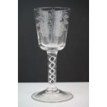 Antique ' No Excise ' Wine Glass, the bowl etched with two barrels to one side and an apple tree