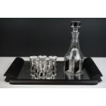 Art Deco Decanter and Six Shot Glass Set each decorated with black panels, all held on a Mirrored