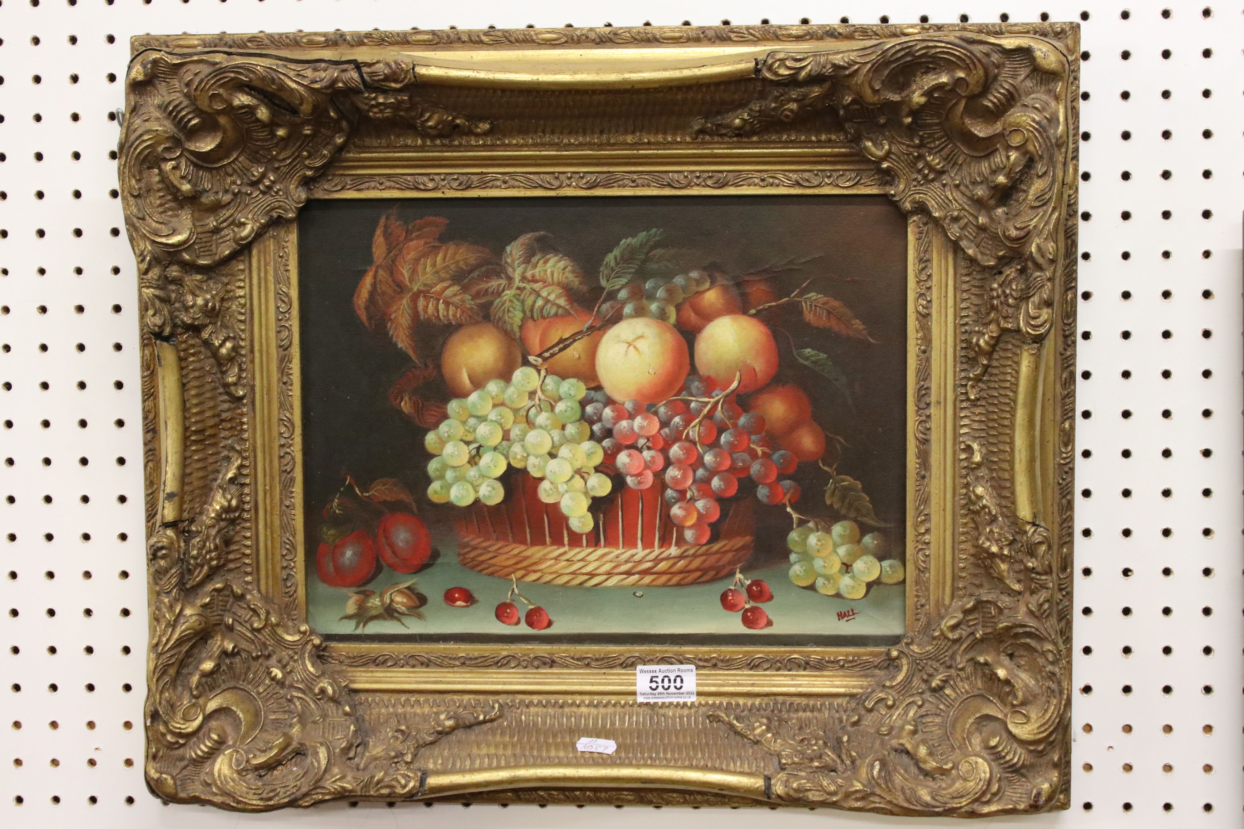 Oil painting, still life study of fruit & basket, 39cm x 29cm, ornate gilt frame