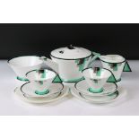 Shelley Tea ware in the Vogue Green Blocks pattern no. 11785, comprising Tea Pot, Two Tea Cups,