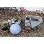 Mixed lot including a Galvanised Barrow, Copper Coal Scuttle, Two Galvanised Trays, Stoneware Jar,