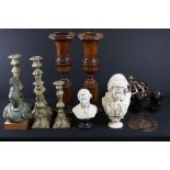 Mixed Lot including Pair of Large Wooden Vases, 50cm high, Two Pairs of Metal Candlesticks, Pair