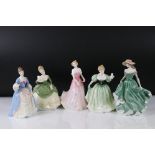 Five Royal Doulton Figurines including Julie HN3878, Lily HN3902, Soiree HN2312, Valerie HN3904