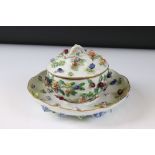 Continental Ceramic Bowl and Cover with matching Saucer, floral and berry encrusted, Meissen style