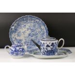 Chinese Export Blue and White Teapot with twisted handle and white metal spout, 15cm high together