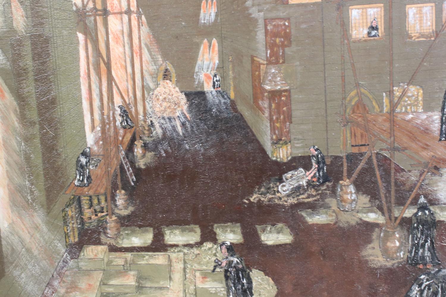 John Brooks ' Resurrection of Blackfriars Abbey Gloucester ' 20th century oil on board, signed to - Image 4 of 5