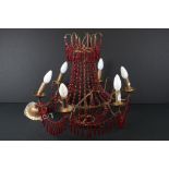 Early 20th century Gilt Metal Electrolier, six branches with red glass effect beads and drops,