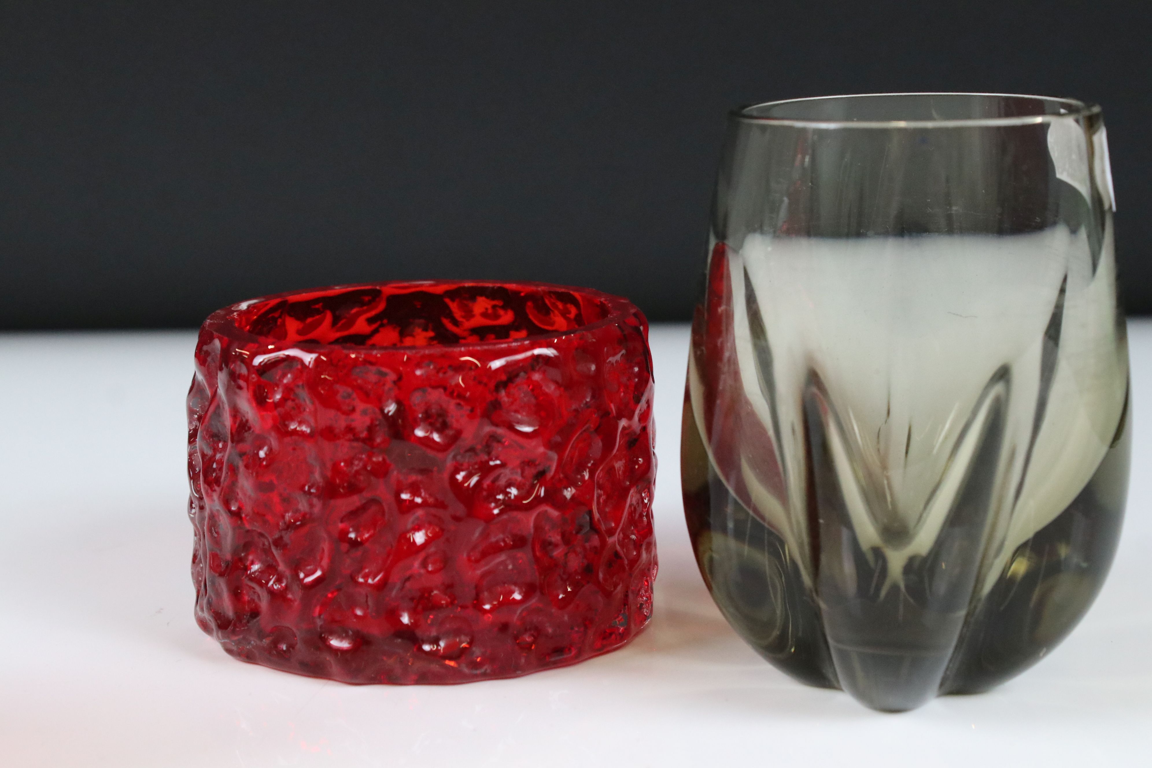 Five items of Glass including Whitefriars style Red Bark Candle Holder, 6cm high, Pink and Yellow - Image 5 of 5