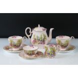 Shelley Tea for Two in the England Charm pattern on a pink ground, comprising Tea Pot, Two Tea Cups,