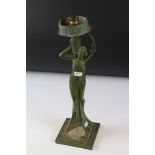 Art Deco Cast Metal Table Lamp in the form of a Lady with verdigris type finish, 40cm high