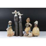 Four Lladro Gres Figures including a Pair of Nuns, 34cm high, Girl with Dog drinking from a