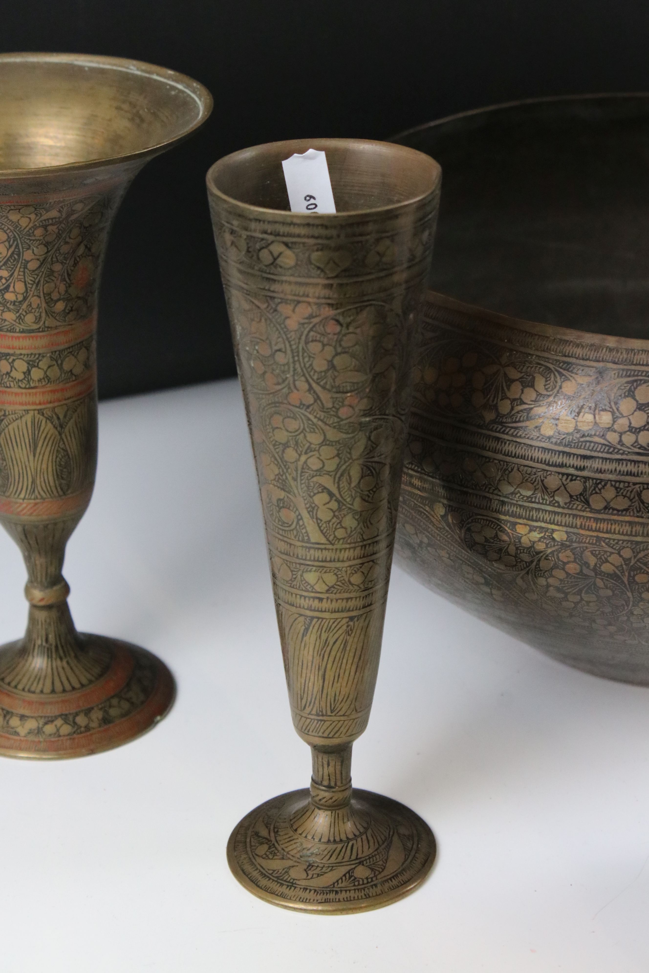 Collection of Engraved Indian Brass including Two Pairs of Vases, 21cm high, Lidded Jar, Bowl and - Image 2 of 5